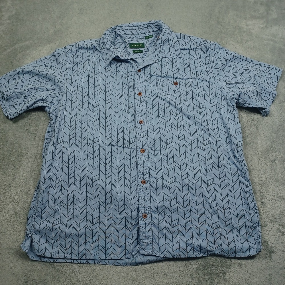 Orvis Shirt Mens XL Blue Classic Fit Button Up Short Sleeve Casual Hemp Blend